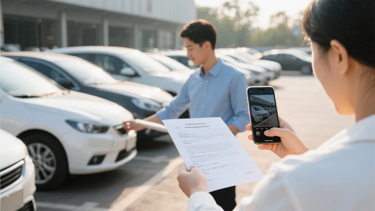 租车取车现场，手持合同与手机拍摄车辆细节，强调保险条款与验车流程