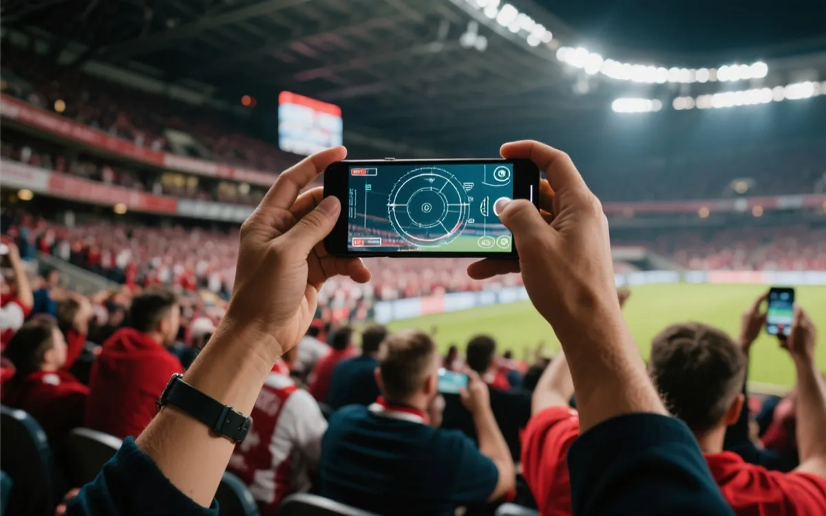 球迷在看台上使用手机AR查看战术信息叠加界面，周围人群热烈