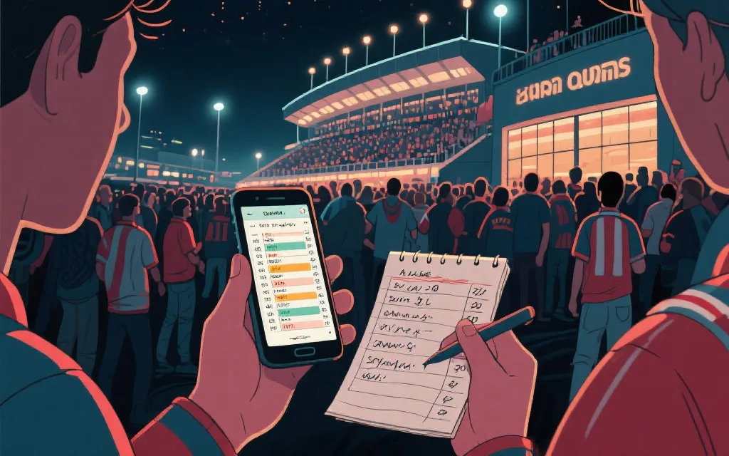 球迷在体育场外查看赛程与预算清单的插画风画面