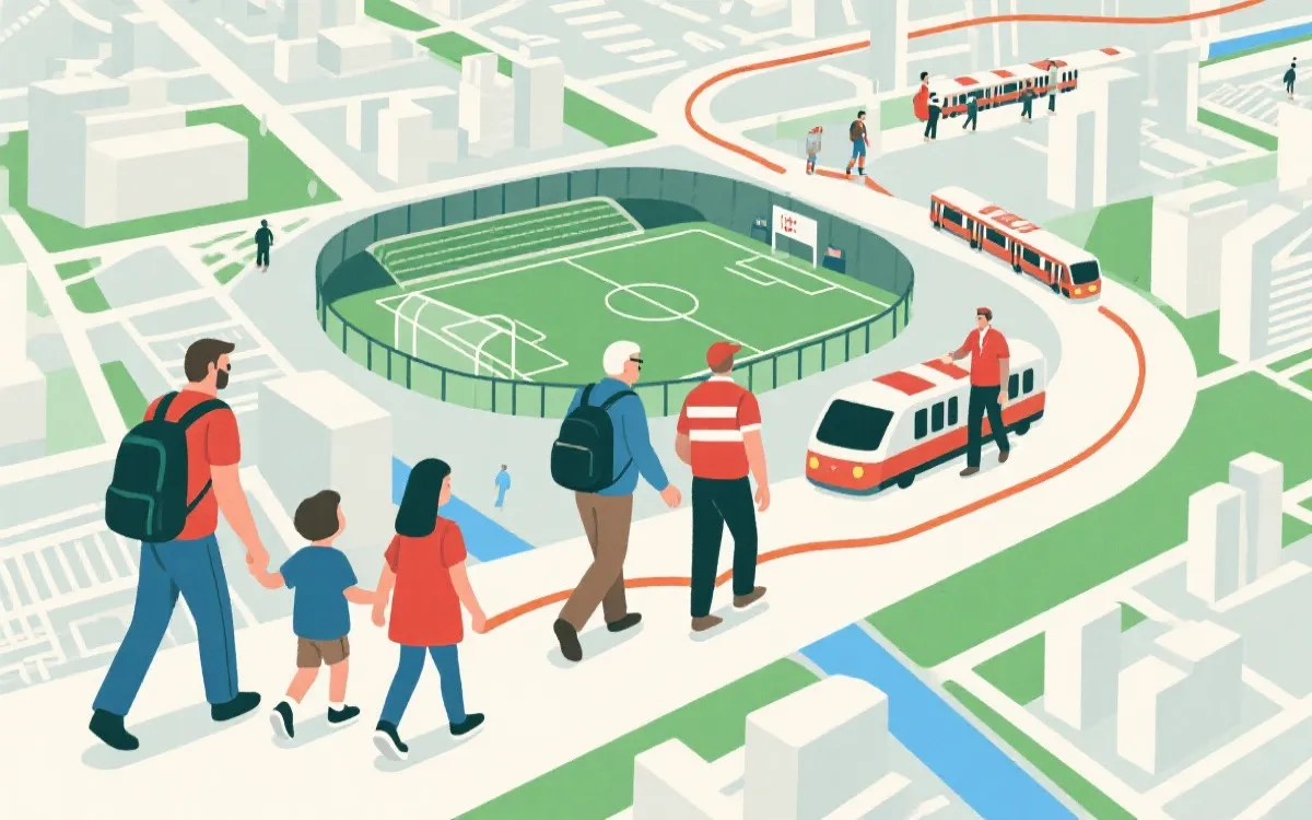 不同类型球迷在世界杯比赛日前往球场，城市动线与住宿选择概念图