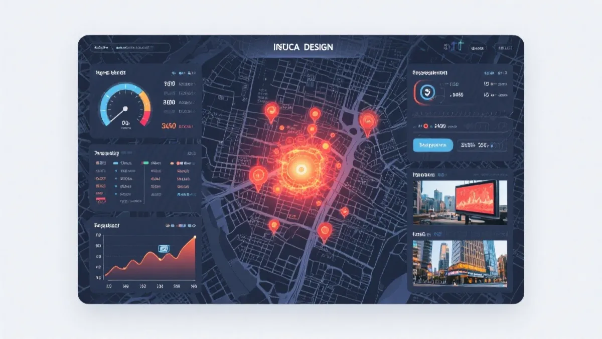 数据仪表盘与城市地图叠加展示户外投放点位策略的视觉