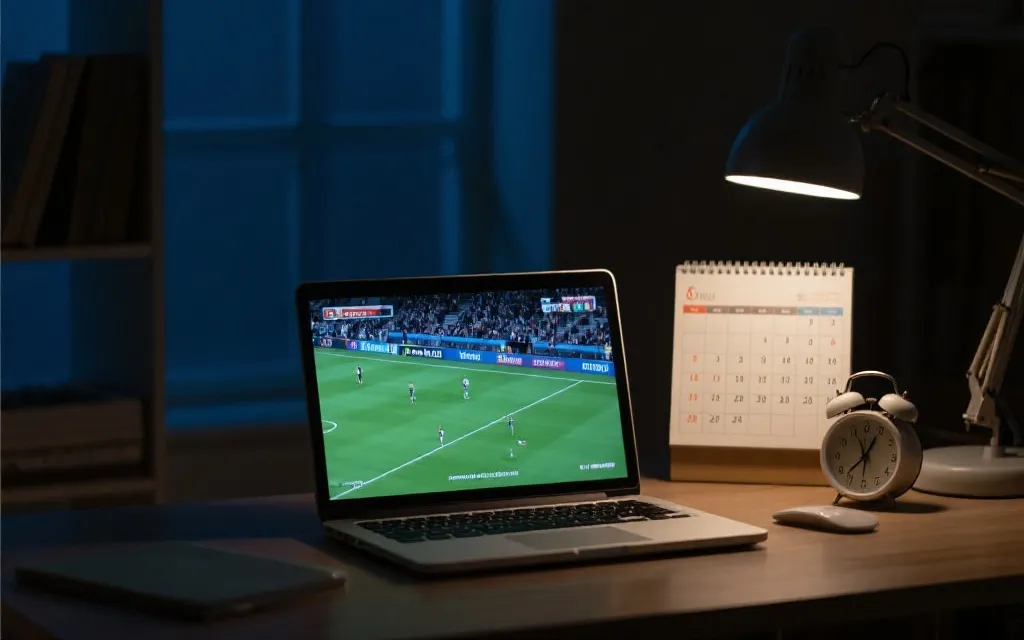 深夜桌面上的日历与比赛提醒，旁边是打开比赛直播的笔记本电脑