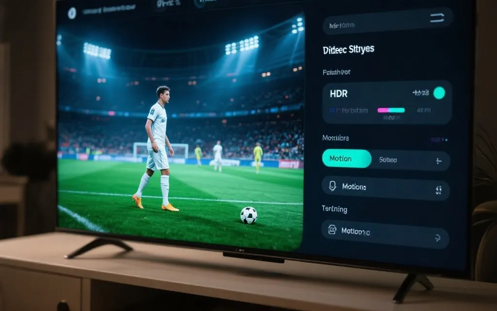 电视画面设置界面与比赛画面同屏的感觉，展示HDR与运动设置调校
