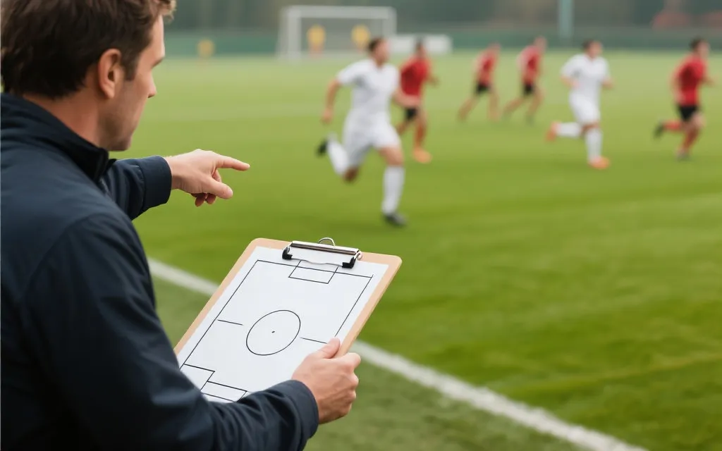 教练在场边指挥与战术板示意的淘汰赛场景