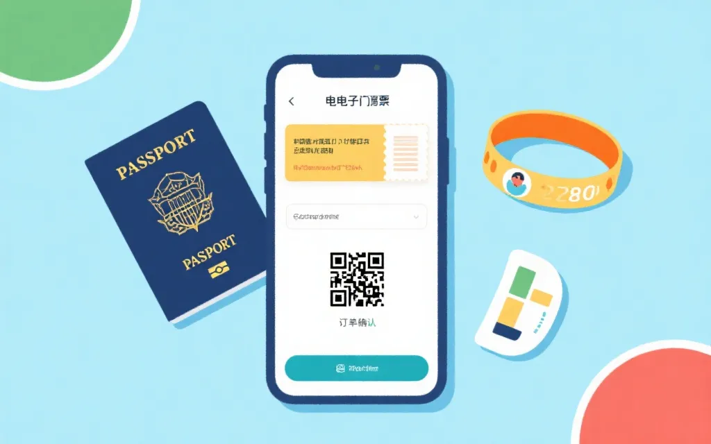 手机展示电子票二维码与官方验证流程的插画风场景