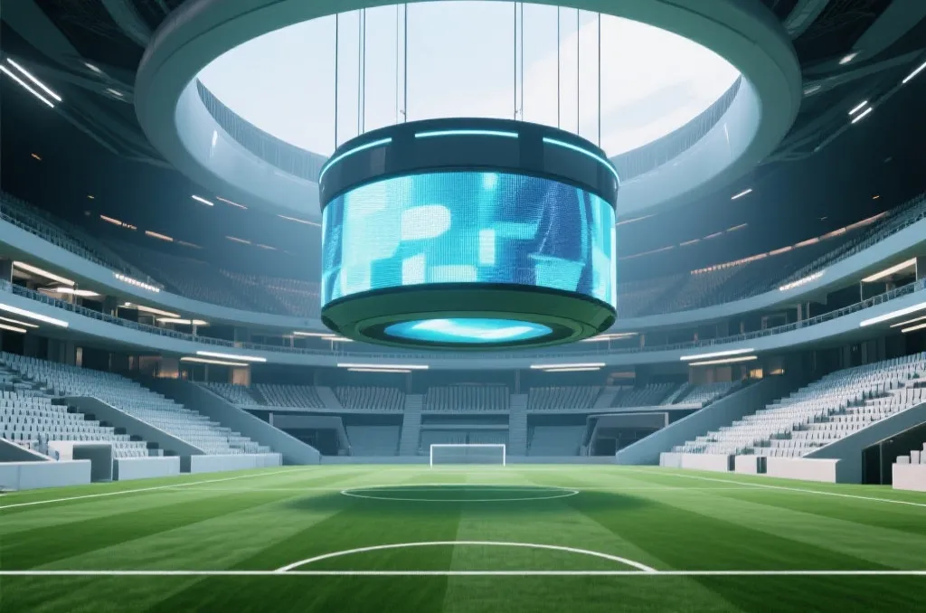 An interior view of a futuristic sports arena showing a giant circular LED screen suspended above a pristine green field, with modern seating tiers.
